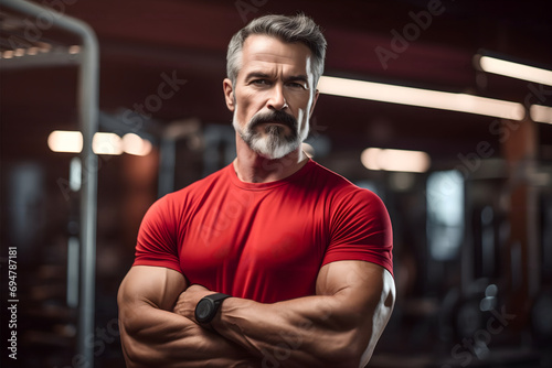 Muscular and fit handsome middle-aged fitness instructor or personal trainer, standing in the gym with crossed arms, looking at the camera. Strong, athletic male workout mentor or fitness coach photo