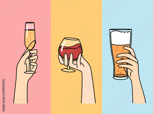 Hands people with glasses filled with alcoholic drinks, offering to drink beer or wine with champagne. Assortment of alcoholic beverages to decorate menu of restaurant bar or cafe with strong drinks