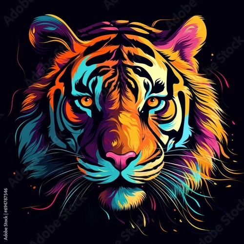 portrait of tiger head illustration abstract multicolor design logo on a black background  Generative AI