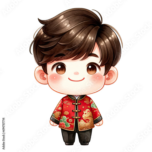 Watercolor Chinese boy wear red changshan suits for lunar new year