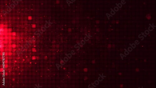 Annotation Bright mosaic. Annotation of a red LED background with points of movement. Technological digital square background of color. Red pixel background. Animation of an element of geometric desig photo