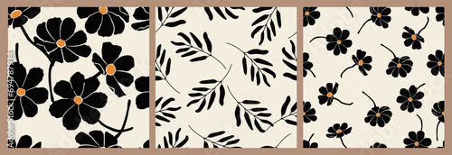 Set of flower seamless background. Minimalistic abstract floral pattern. Modern print in black and white background. Ideal for textile design, wallpaper, covers, cards, invitations and posters.