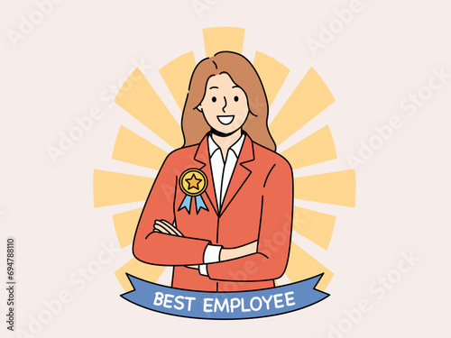 Best employee woman stands with arms crossed in front of chest with medal for career achievements and productive work. Best employee of company smiling posing for honor board or corporate website