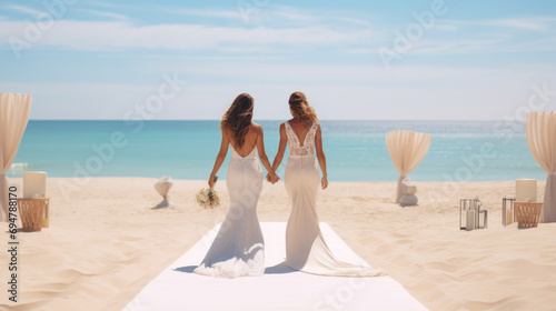 two brides holding hands on the wedding ceremony on white sand beach by the ocean, Tropical wedding. Back view