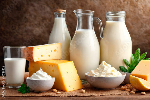 Dairy organic products. Milk, cheese, sour cream, cottage cheese, yogurt and butter on a wooden background in a rustic style. Copy space.