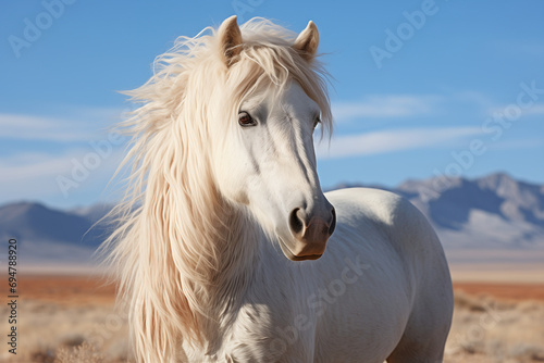 Close up portrait of a butiful white horse made in natural habitat conditions on a plain hiils background. Banner, poster, postcard, wallpaper photo