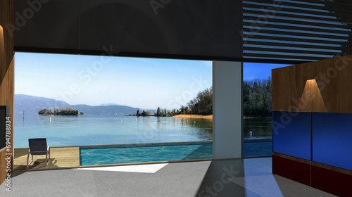 Beautiful lake view from the side of the room, exterior rendering scene