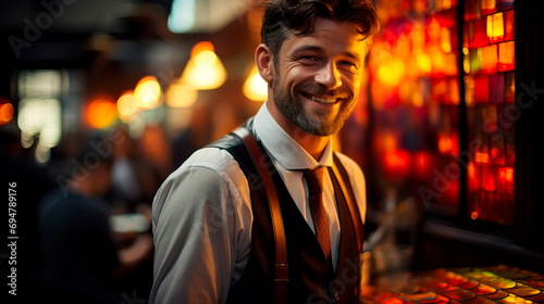 Handsome smiling waiter serving coffee to customers . Generative AI