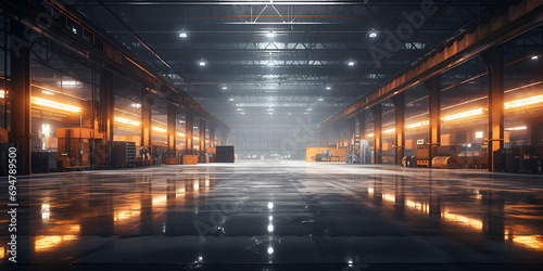 Futuristic factory illuminates night with modern technology generated by AI, Factory Background © Saim