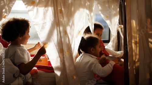 Canvastavla Children joyfully participating in the Passover tradition of searching for the Afikoman, with a living room playfully decorated with symbols of the holiday