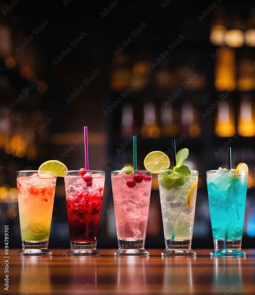 Variety of cocktails into glass set on the bar counter, line of different colored cocktails Variety of cocktails into glass set on the bar counter, line of different colored cocktails