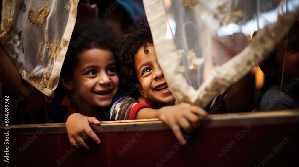 Children joyfully participating in the Passover tradition of searching for the Afikoman, with a living room playfully decorated with symbols of the holiday.