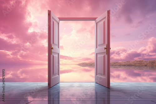 open door stand by pink lake nature landscape mystic dream