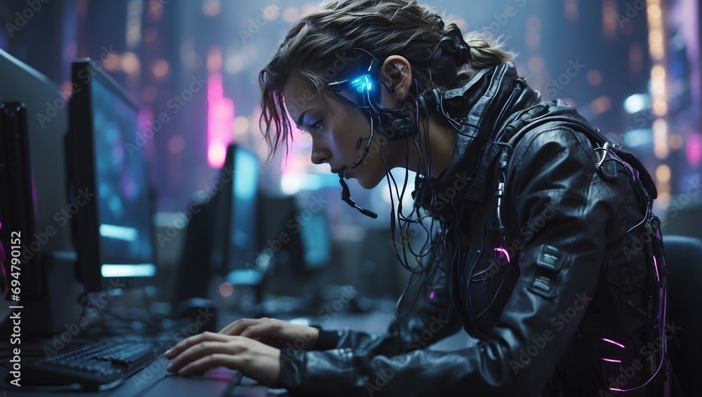 
Futuristic cyberpunk illustration featuring a detailed cyborg in a neon-lit city, pixel-perfect design, urban decay, and trending on digital platforms.