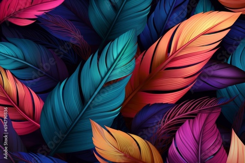 Multicolor Tropical Feathers Leaves Luxury Seamless Elegant Texture illustration Background. Colorful Pattern Tropical Leaves Feathers Background  Generative AI