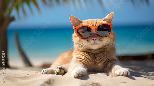 Happy Cat wearing sunglass for a commercial advertisement image in the beach