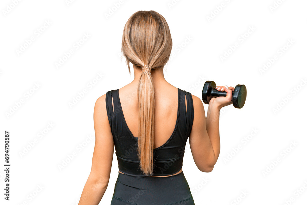 Blonde sport woman making weightlifting over isolated chroma key background in back position Blonde sport woman making weightlifting over isolated chroma key background in back position