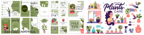 Big set of Template designs for flower infographic houseplant care. The information graphic posts, stories 