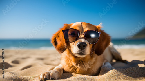 Happy Dog wearing sunglass for a commercial advertisement image in the beach
