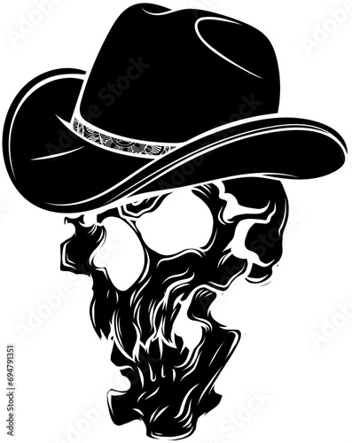 vector black silhouette of Skull cowboy on white background