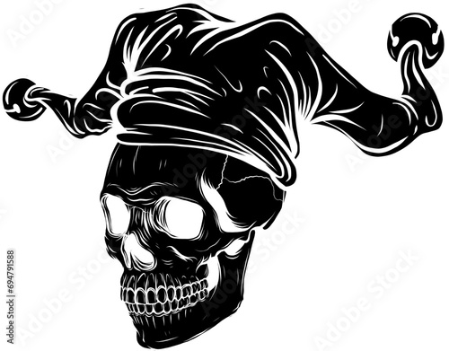 black silhouette of Skull in jester hat. vector illustration