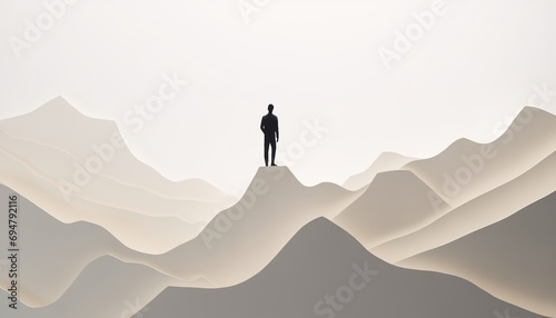 A person standing on a mountain top, Challenge, goal, success concept, paper cut art.