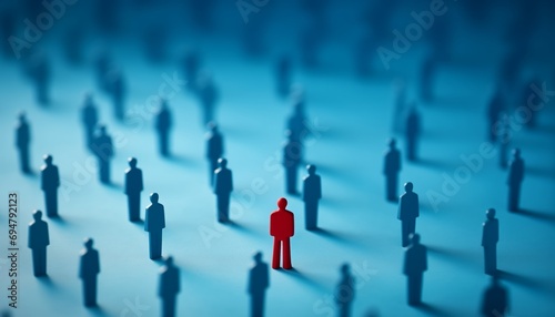 A red human figure standing among the blue figures. Concept of leadership, success, unique, winner, social distancing and new normal