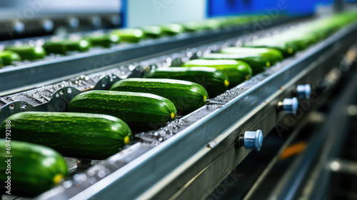 Lots of Fresh green cucumber on conveyor belt plant. Processing, quality control and packaging of fresh cucumbers. Selected vegetables, food industry. © dinastya
