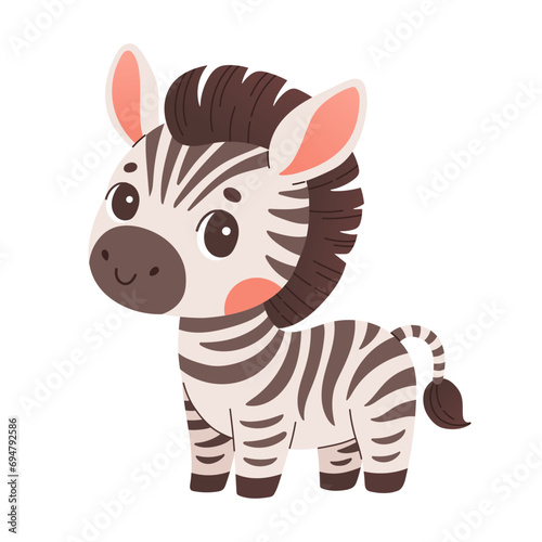 Cute cartoon zebra vector childish vector illustration in flat style. For poster, greeting card and baby design.