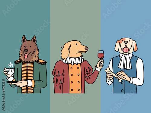 Dogs with body of people in clothes of lords and medieval kings hold mug of tea or glass of wine. Parody dogs in image of aristocrats from high society of 18th century dressed in vintage costumes
