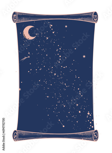 Mystical roll of paper with a cosmic star background with the moon, copy space parchment for the zodiac, tarot, fortune telling. Vintage Esoteric vector card.