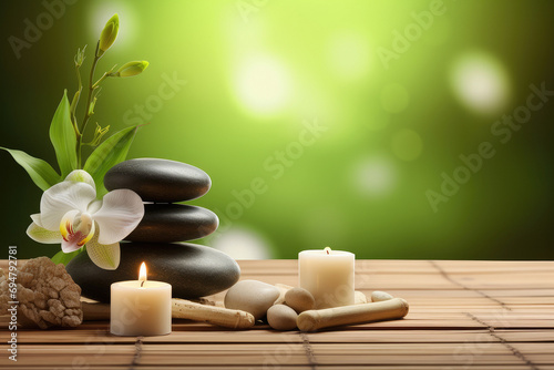 Candles, flowers and spa stones on nature background