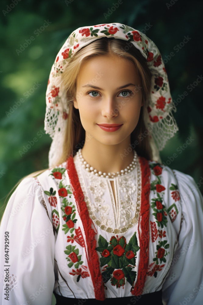 a woman in a traditional dress with a white hat