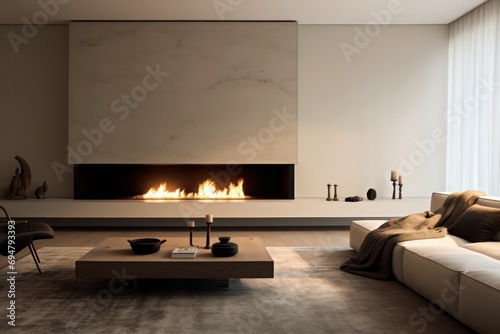 minimal fireplace with flames in fancy modern living room interior with beige walls and panoramic windows photo