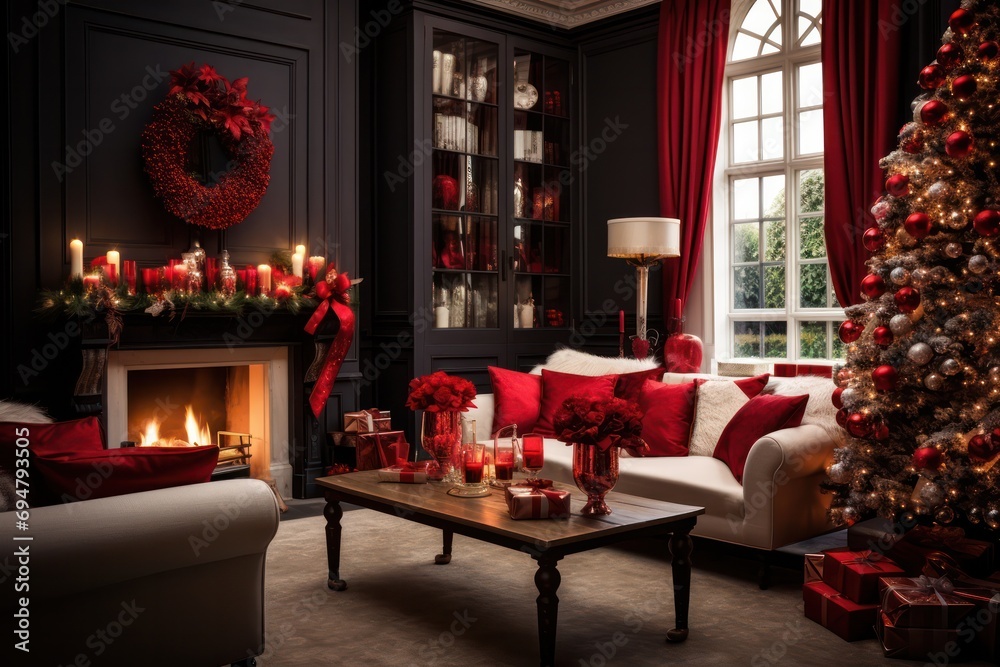 luxury premium christmas tree red decorations in modern living room interior of hotel or mansion house with big windows