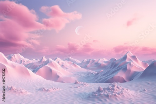 snowy winter mountains landscape ski resort view at pink sunset with crescent moon dreamy background