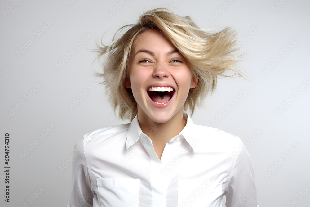 Portrait of a happy young blonde woman in a white shirt on a gray background - obrazy, fototapety, plakaty 