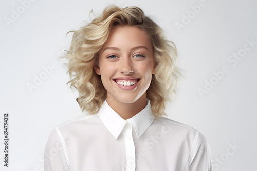 Portrait of a happy young blonde woman in a white shirt on a gray background