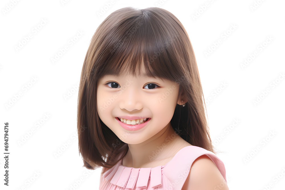 happy smiling asian girl with brown hair, dressed in a pink dress, isolated on a white background, portrait. happy smiling asian girl with brown hair, dressed in a pink dress, isolated on a white background, portrait.