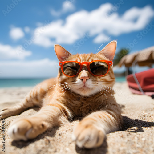 Happy cat wearing sunglass for a commercial advertisement image in the beach