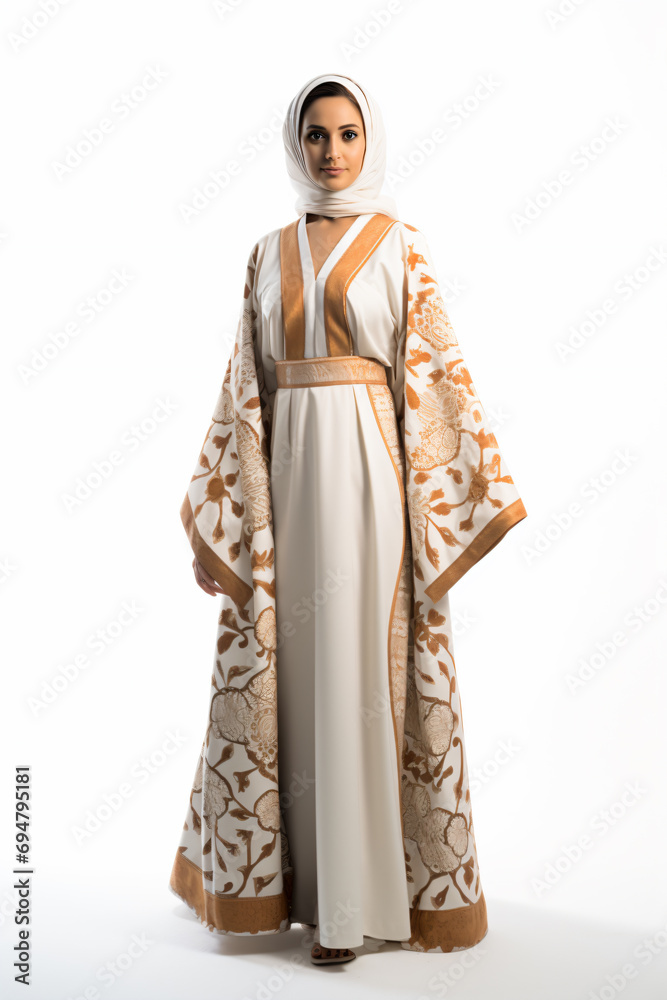 a woman in a white and orange dress