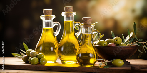  Olive oil in bottles and olives in wooden bowl on a wooden table and natural sunlight background Bottled Olive Oil and Wooden Bowls Overflowing with Olives on a Sun-Kissed Wooden Table AI Generated 