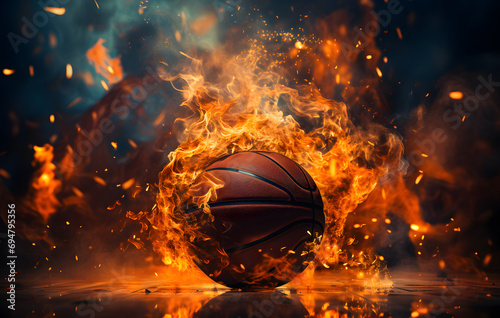 A Burning basketball. A Basketball ball in flames over a dark background, in the style of action photography, realism with fantasy elements, motion blur. Ai