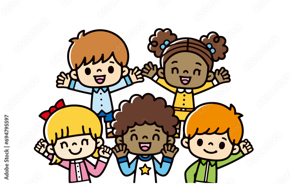 Illustration of multinational children greeting each other with smiles