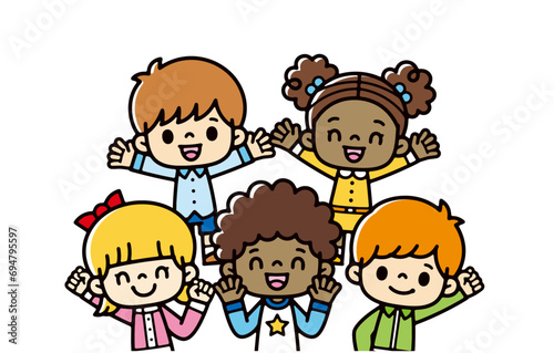 Illustration of multinational children greeting each other with smiles