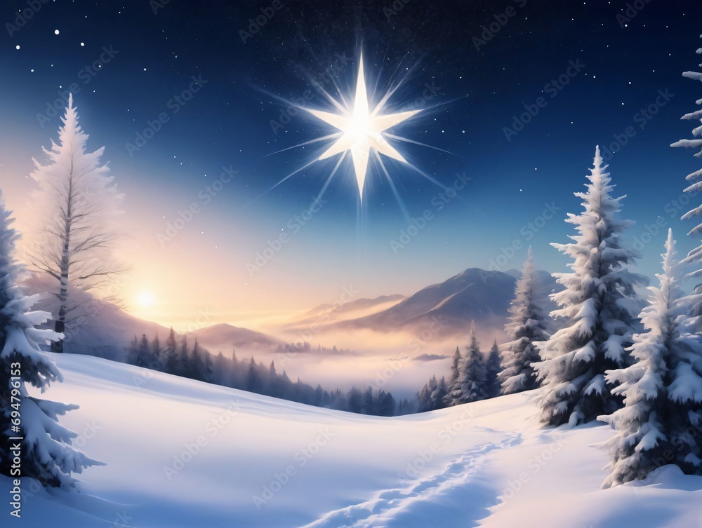 Winter Landscape With Christmas Star Shining In The Sky