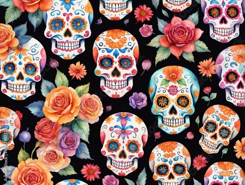 Watercolor Illustration Of Colorful Dia De Los Muertos Sugar Skull Pattern.