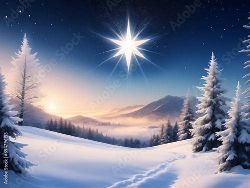 Winter Landscape With Christmas Star Shining In The Sky