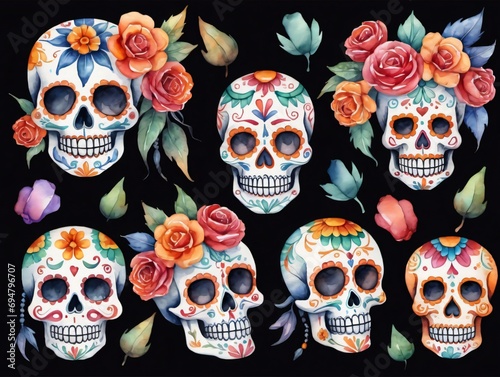 Watercolor Illustration Of Mexican Day Of The Dead Skull Set.