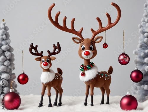 Rudolph With Christmas Ornaments On Antlers Standing Beside A Festive Reindeer